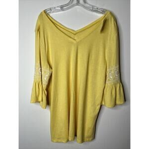 J. Jill Women's Yellow Embroidered Sleeve Double V-Neck Top Shirt Size Large